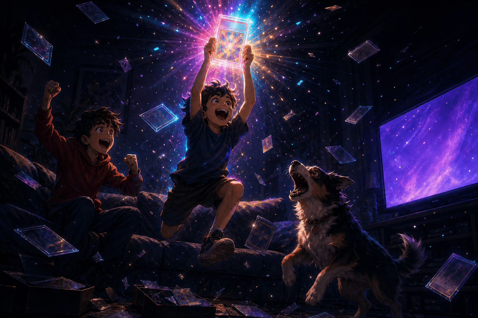 A kid leaping off a sofa holding a graded card slab that fires a burst of holographic light across a dark living room