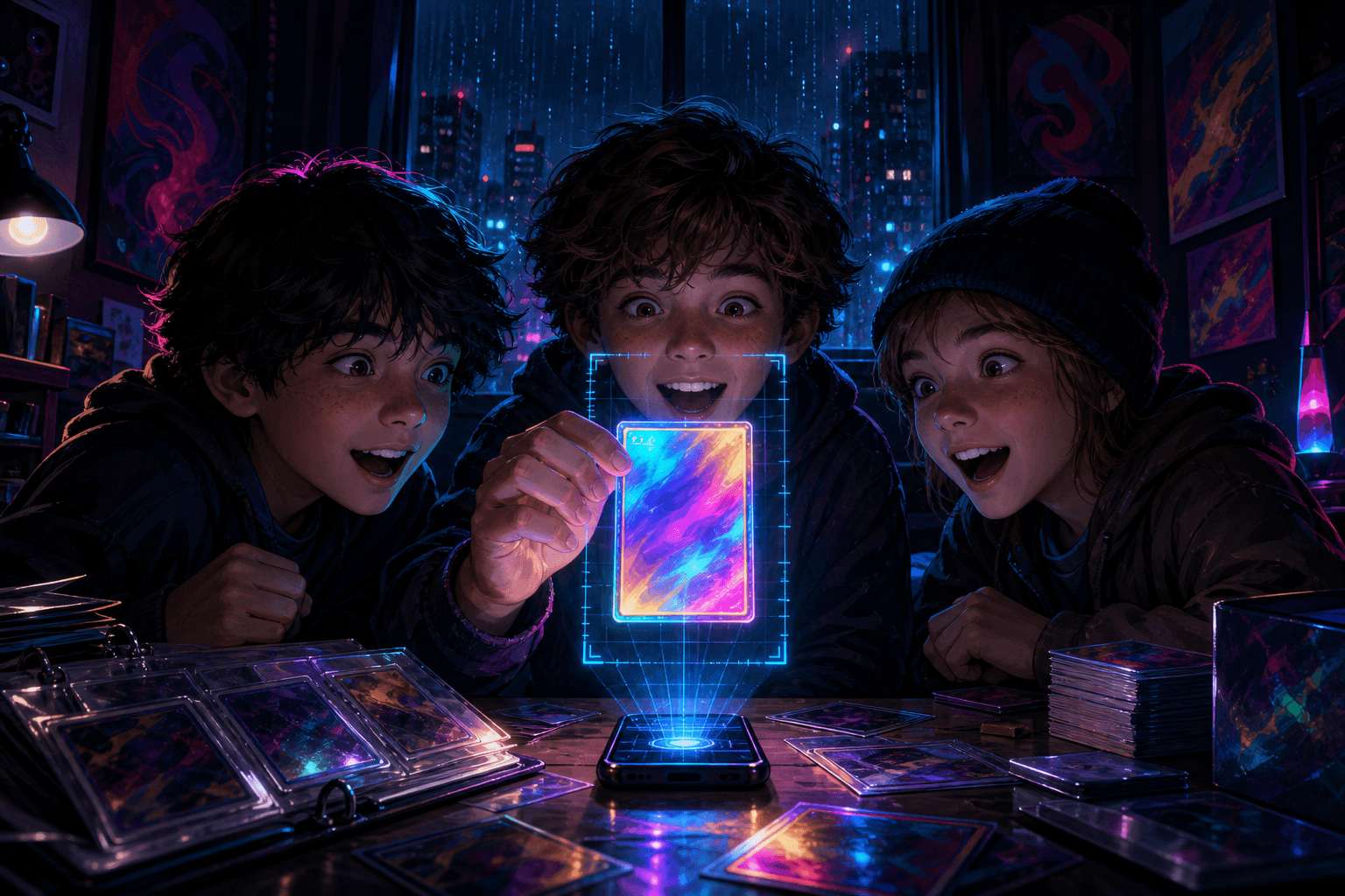 Three kids at a desk at night, one holding up a trading card blazing with holographic light while a scanning grid from a phone measures its borders