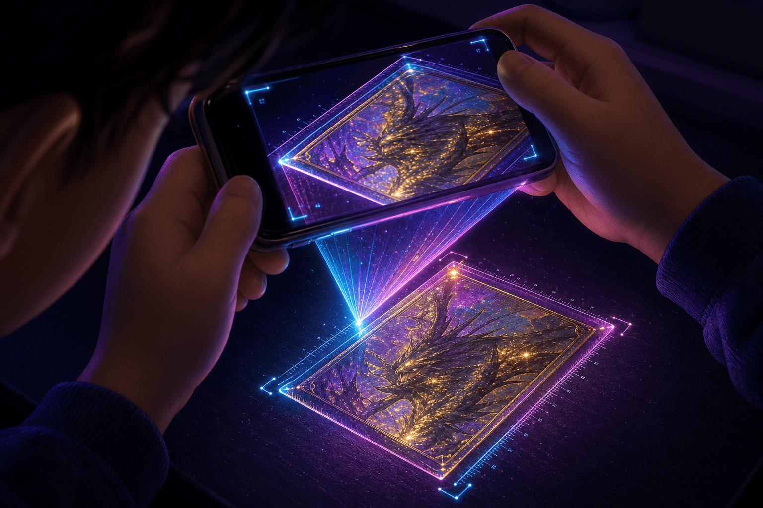 A phone photographing a trading card while a cone of holographic light draws measurement lines along its borders